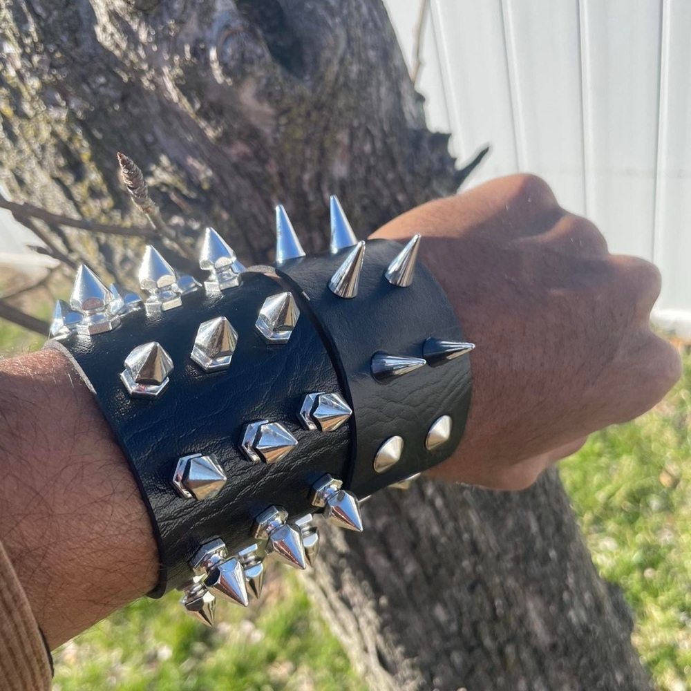 2 PCs punk silver spiked studded faux leather bracelets , gothic grunge emo boho